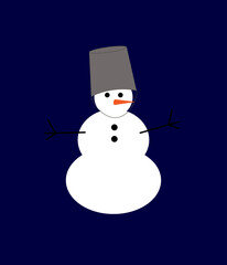 
An image of a snowman with a bucket on his head and a carrot instead of a nose on a blue background. christmas card
