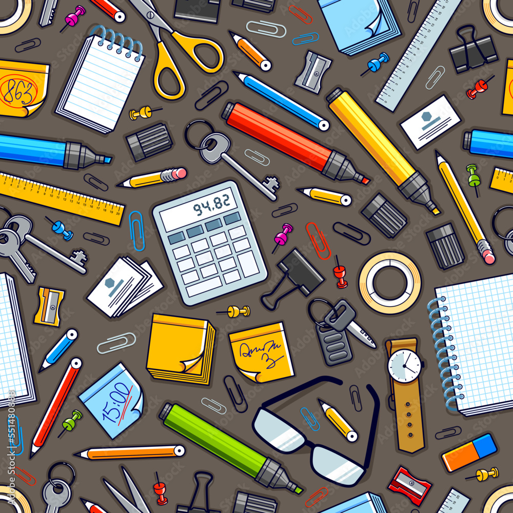 Poster work office desk top view with a lot of different stationery elements seamless vector wallpaper, bus