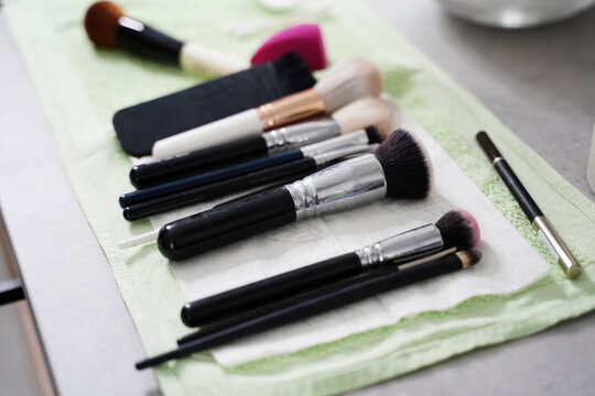 Make-up brushes on table in salon