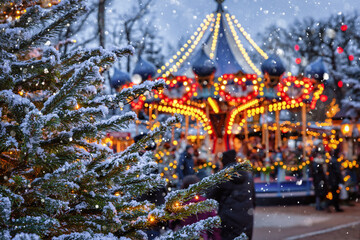 Christmas in Tivoli Gardens, Copenhagen, Denmark, with a snow covered fir tree in front of a...