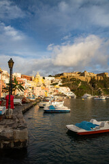 beautiful italian island procida famous for its colorful marina, tiny narrow streets and many...