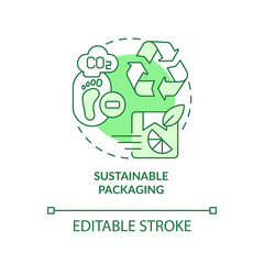 Sustainable packaging green concept icon. Recycled materials. Reusable products abstract idea thin line illustration. Isolated outline drawing. Editable stroke. Arial, Myriad Pro-Bold fonts used