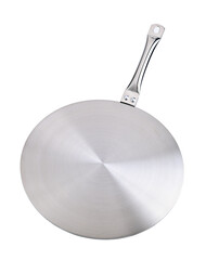 Top view of round stainless steel heat diffuser with handle, adapter isolated on white background. Kitchen device for using non-ferromagnetic or small diameter cookware on induction stoves. Close-up.