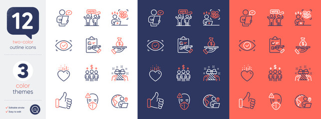 Set of Gift, Like hand and Loan line icons. Include Customer survey, Medical mask, Outsource work icons. Heart, Difficult stress, Checklist web elements. Meeting, Biometric eye. Vector