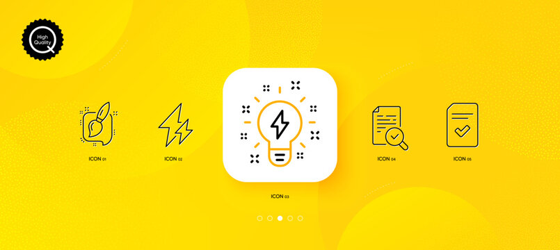 Inspiration, Checked file and Painting brush minimal line icons. Yellow abstract background. Inspect, Electricity icons. For web, application, printing. Vector