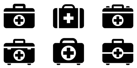 First aid kit icon. Set of black first aid kit icons on white background. Vector illustration. Symbols of first aid kit