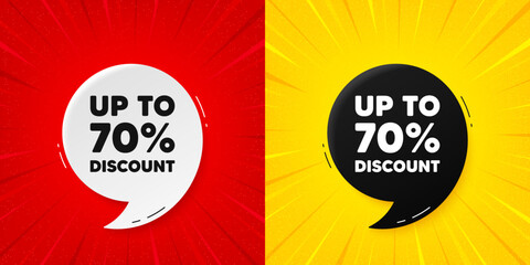 Up to 70 percent discount. Flash offer banner with quote. Sale offer price sign. Special offer symbol. Save 70 percentages. Starburst beam banner. Discount tag speech bubble. Vector