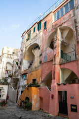 beautiful italian island procida famous for its colorful marina, tiny narrow streets and many...