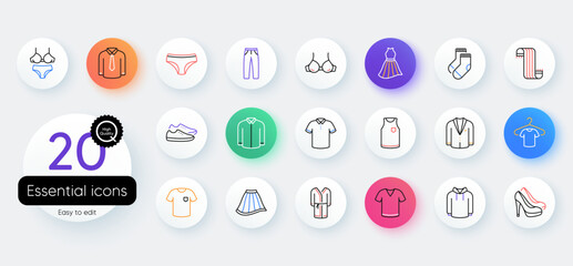 Clothes line icons. Bicolor outline web elements. T-shirt, Footwear and bathrobe icons. Hoody sweatshirt, T-shirt with hanger and suit. Skirt, Women dress and high heels shoes. Vector