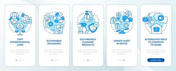 Fototapeta na wymiar Ecological responsible brand traits blue onboarding mobile app screen. Walkthrough 5 steps editable graphic instructions with linear concepts. UI, UX, GUI template. Myriad Pro-Bold, Regular fonts used