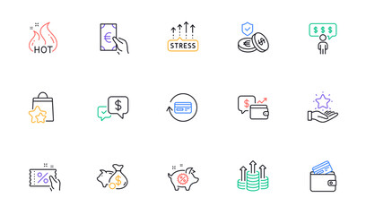Piggy sale, Payment received and Loyalty program line icons for website, printing. Collection of Loyalty points, Budget, Stress grows icons. Employee benefits, Wallet, Debit card web elements. Vector