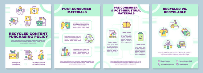 Fototapeta na wymiar Recycled-content purchasing policy green brochure template. Leaflet design with linear icons. Editable 4 vector layouts for presentation, annual reports. Arial-Black, Myriad Pro-Regular fonts used