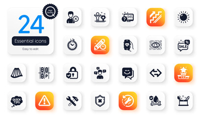 Set of Business flat icons. Discounts bubble, Online quiz and Sun energy elements for web application. Winner cup, Smile face, Recovery tool icons. Project deadline, Skirt, Time elements. Vector