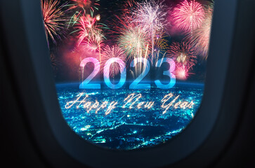 2023 happy new year firework celebration out of plane window