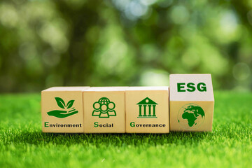 ESG concept of environmental, social and governance. Sustainable and ethical business. wooden cube...