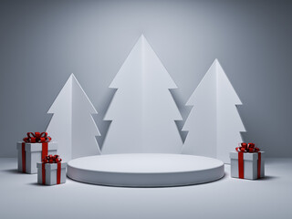Blank white christmas product podium pedestal background concept or blank product display stand platform showcase isolated on dark white background with shadow minimal conceptual 3D rendering