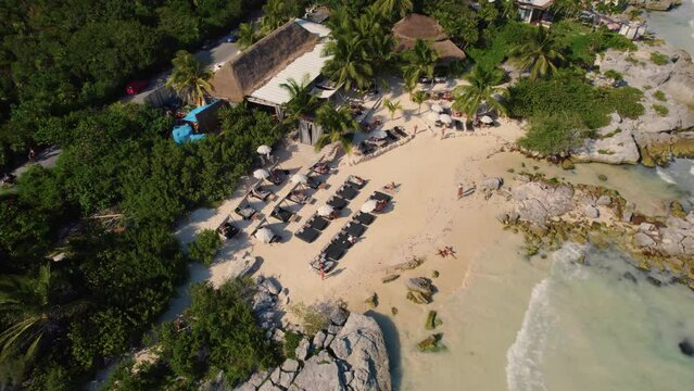 Orbit Shot Of People Enjoying Summer Time On Gitano Sandy Beach Club, Mexico