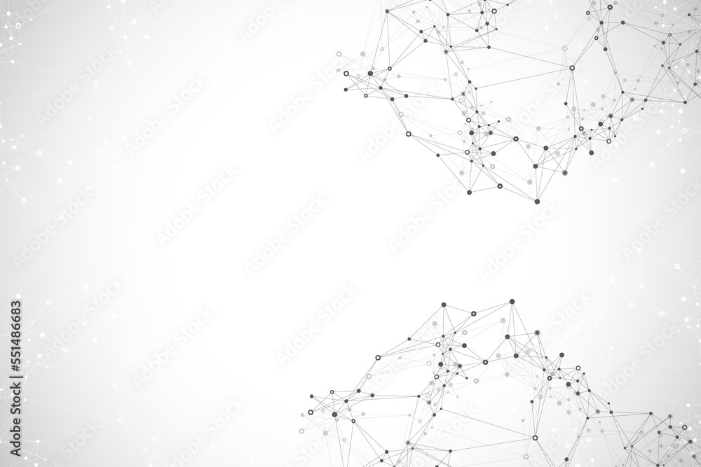 Poster Geometric abstract background with connected lines and dots. Connectivity flow point. Molecule and communication background. Graphic connection background for your design illustration.