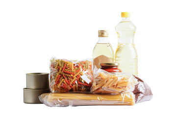 Foodstuffs in donation box isolated on white background with clipping path for volunteer to help people.