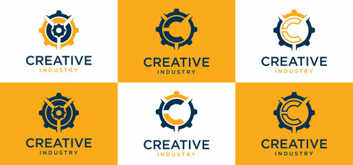 industrial logo Concept Gear shape with negative space technology construction tools vector,template