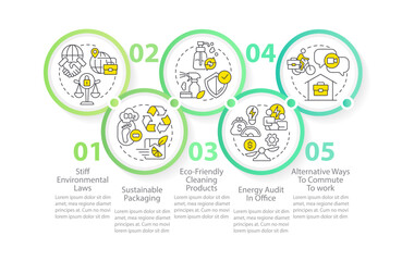 Environmentally responsible business traits circle infographic template. Data visualization with 5 steps. Editable timeline info chart. Workflow layout with line icons. Myriad Pro-Regular font used