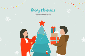 Christmas card. Young couple decorating Christmas tree prepare presents for winter holidays. New Year or Christmas celebration. 