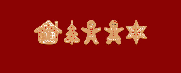 Merry Christmas banner design template. Homemade gingerbread man cookie theme concept, holiday fair and sale. Vector illustration