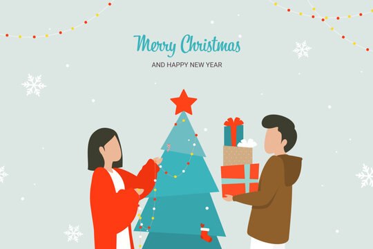 Christmas card. Young couple decorating Christmas tree prepare presents for winter holidays. New Year or Christmas celebration. 