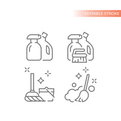 Cleaning, housekeeping line vector icon set. Bucket, mop, dusting broom outlined icons.