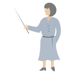 The teacher teaches a lesson at school. A woman in a blue dress holds a pointer in her hand. color vector illustration. school theme. flat style. isolated background. illustration for web design.