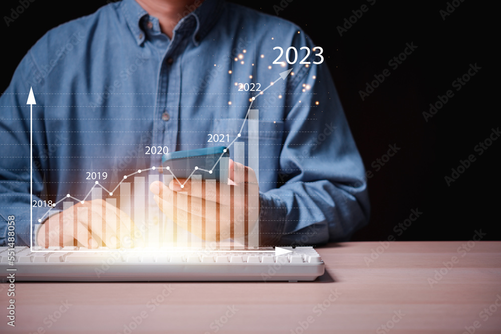 Poster man hand holding growth up arrow of business graph to year 2023