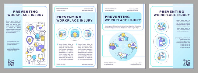 Avoiding employee injury brochure template. Worker health. Leaflet design with linear icons. Editable 4 vector layouts for presentation, annual reports. Arial, Myriad Pro-Regular fonts used