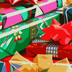 Square background, colorful holiday gift boxes with ribbons and bows.