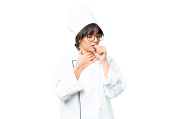 Young caucasian chef  woman over isolated chroma key background is suffering with cough and feeling bad
