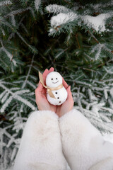A small snowman in female hands. Cute snowman. winter photo