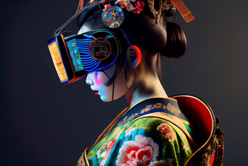An imaginary side view image of futuristic cyber Japanese Geisha on vr goggle.