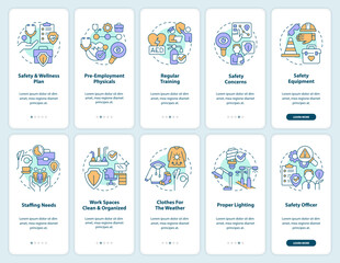 Preventing workplace injuries tips onboarding mobile app screen set. Walkthrough 5 steps editable graphic instructions with linear concepts. UI, UX, GUI template. Myriad Pro-Bold, Regular fonts used