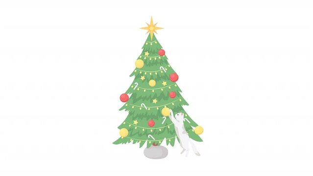 Animated christmas tree element. Cute white cat. Flat cartoon style HD video footage. Holiday decoarations color illustration on white background with alpha channel transparency for animation
