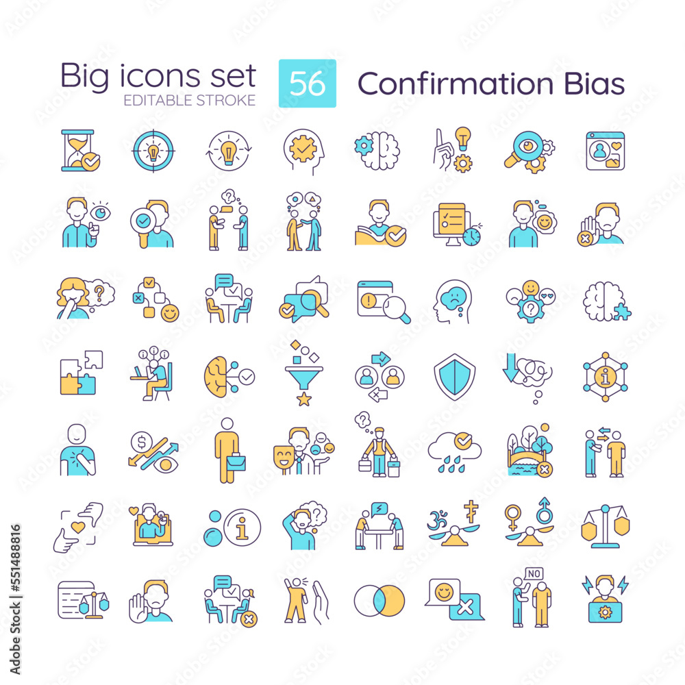 Poster confirmation bias rgb color big icons set. forming opinion. decision making. isolated vector illustr