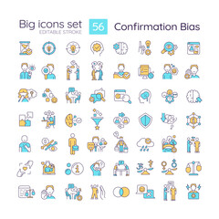 Confirmation bias RGB color big icons set. Forming opinion. Decision making. Isolated vector illustrations. Simple filled line drawings collection. Editable stroke. Montserrat Bold, Light fonts used