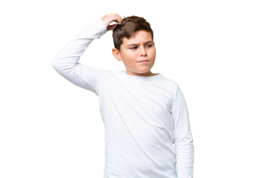 Little caucasian kid over isolated chroma key background having doubts while scratching head