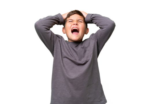 Little caucasian kid over isolated chroma key background stressed overwhelmed