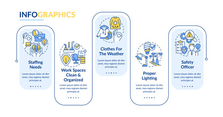 Tips to reduce occupational accidents rectangle infographic template. Data visualization with 5 steps. Editable timeline info chart. Workflow layout with line icons. Lato-Bold, Regular fonts used