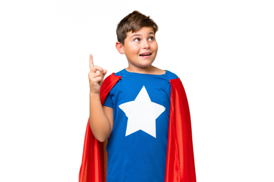 Super Hero caucasian kid over isolated chroma key background intending to realizes the solution while lifting a finger up