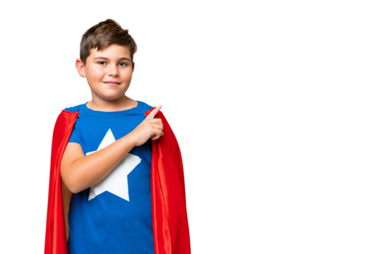 Super Hero caucasian kid over isolated chroma key background pointing to the side to present a product