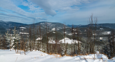 Winter Moravskoslezske Beskydy mountains - Travny and few other hills from Polomka hill