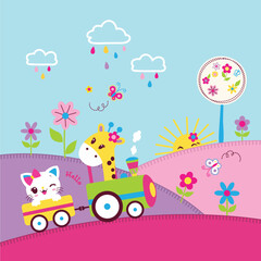 cute giraffe and friend with beautiful flower vector
