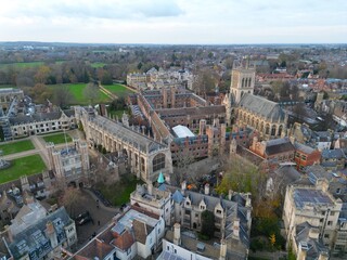 Obraz premium St John's College, Cambridge England drone aerial view high angle winter .