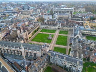 Trinity College  Cambridge England drone aerial view.