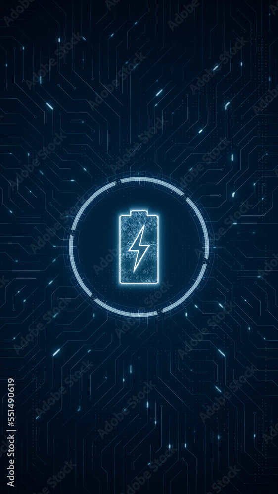Poster blue digital battery logo and futuristic technology circle hud with circuit board and data transfer 
